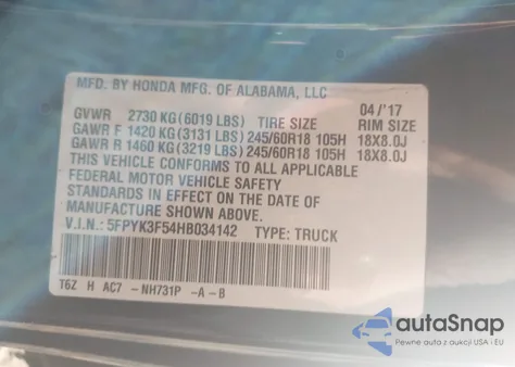 2017 Honda Ridgeline Rtl from USA, damaged, VIN 5FPYK3F54HB034142